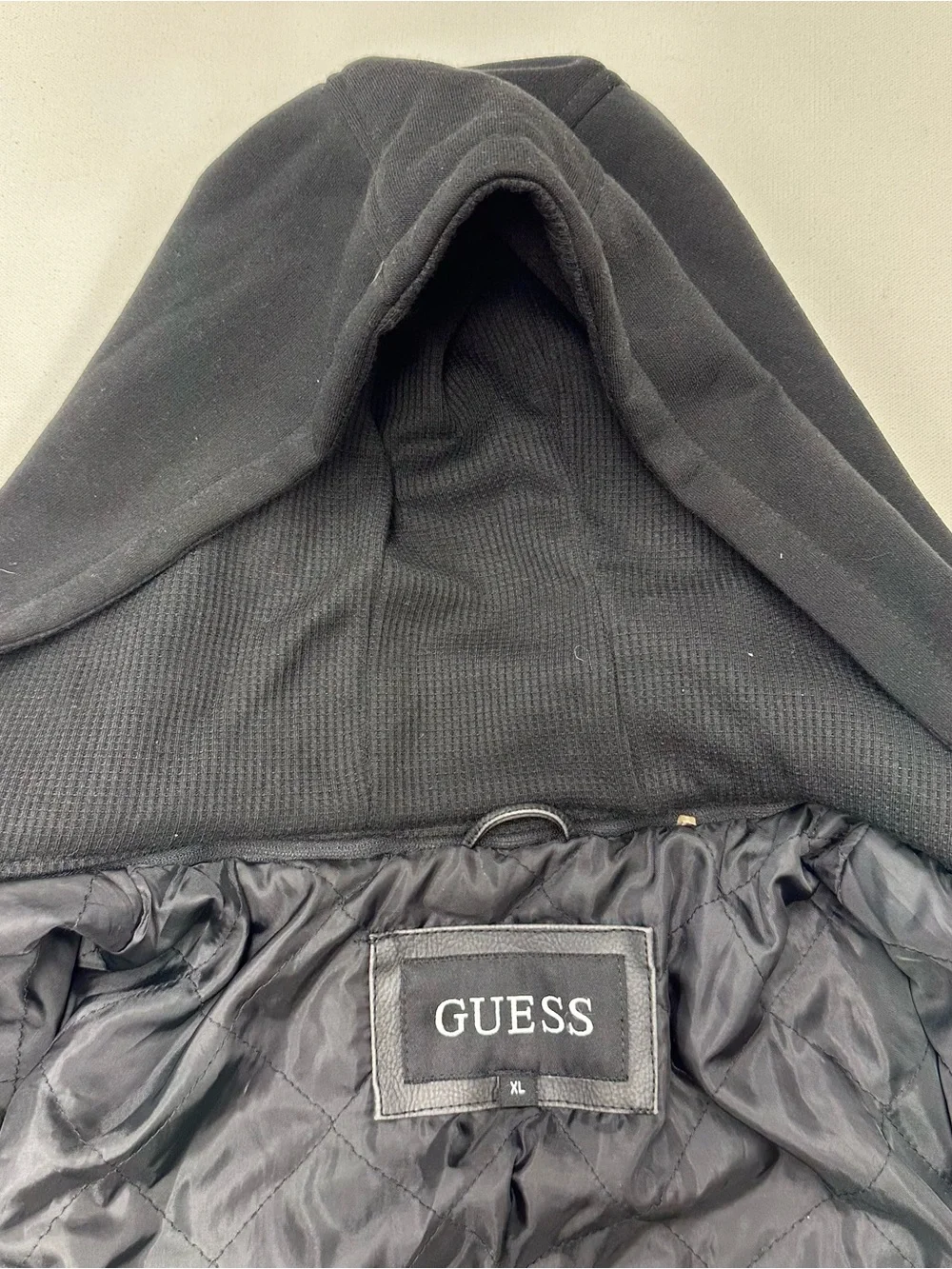 Guess Faux Leather Motorcycle Jacket Mens XL Black Zipper Lining Hoodie Moto